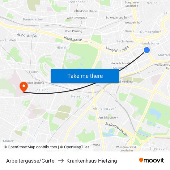 Arbeitergasse/Gürtel to Krankenhaus Hietzing map