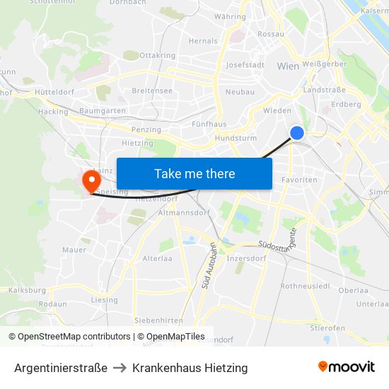 Argentinierstraße to Krankenhaus Hietzing map
