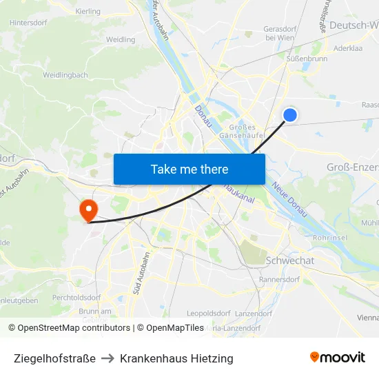 Ziegelhofstraße to Krankenhaus Hietzing map