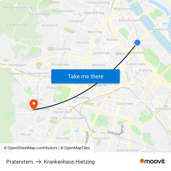 Praterstern to Krankenhaus Hietzing map