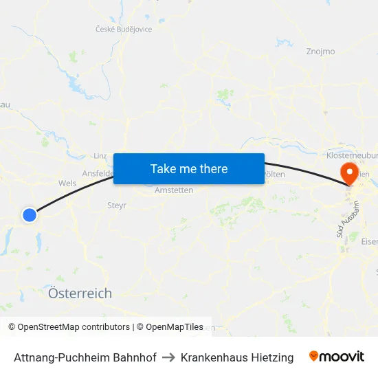 Attnang-Puchheim Bahnhof to Krankenhaus Hietzing map