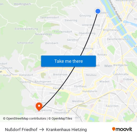 Nußdorf Friedhof to Krankenhaus Hietzing map