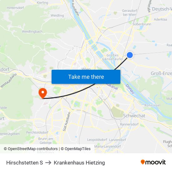 Hirschstetten S to Krankenhaus Hietzing map