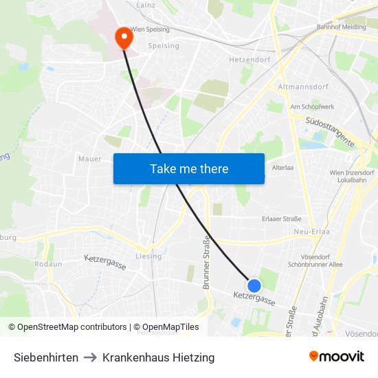 Siebenhirten to Krankenhaus Hietzing map