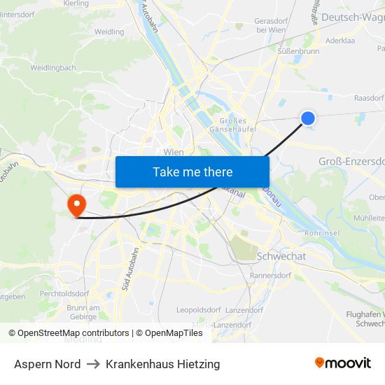 Aspern Nord to Krankenhaus Hietzing map