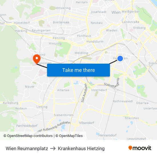 Wien Reumannplatz U to Krankenhaus Hietzing map