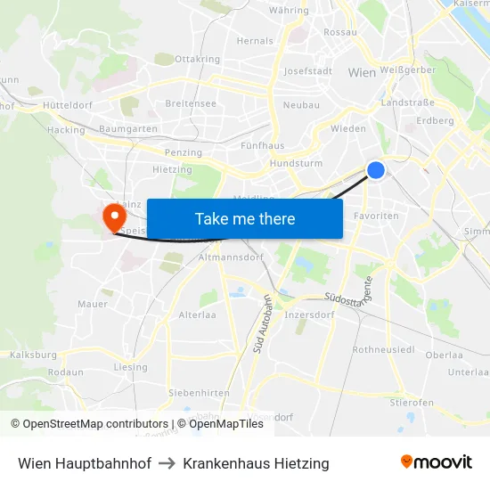 Wien Hauptbahnhof to Krankenhaus Hietzing map