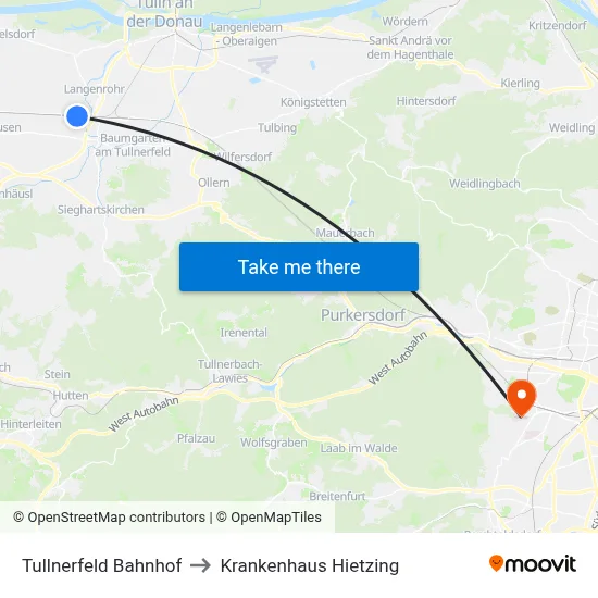 Tullnerfeld Bahnhof to Krankenhaus Hietzing map