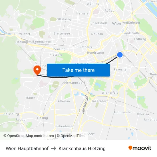 Wien Hauptbahnhof to Krankenhaus Hietzing map