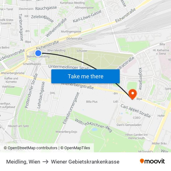 Meidling, Wien to Wiener Gebietskrankenkasse map