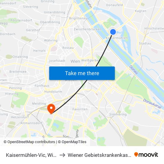 Kaisermühlen-Vic, Wien to Wiener Gebietskrankenkasse map