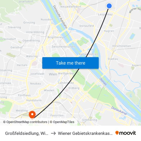 Großfeldsiedlung, Wien to Wiener Gebietskrankenkasse map