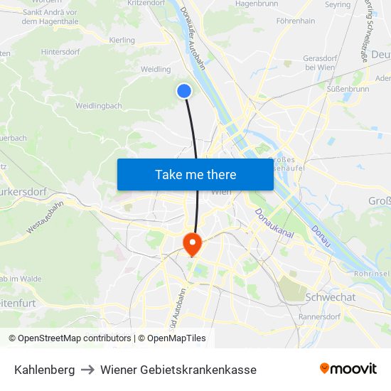 Kahlenberg to Wiener Gebietskrankenkasse map