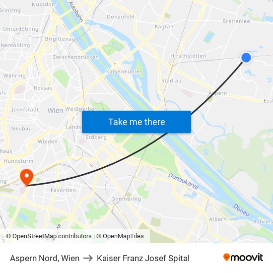 Aspern Nord, Wien to Kaiser Franz Josef Spital map