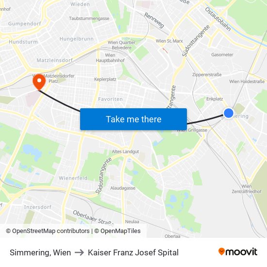 Simmering, Wien to Kaiser Franz Josef Spital map