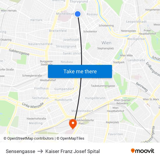Sensengasse to Kaiser Franz Josef Spital map