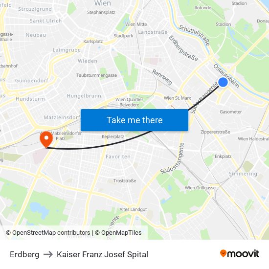 Erdberg to Kaiser Franz Josef Spital map