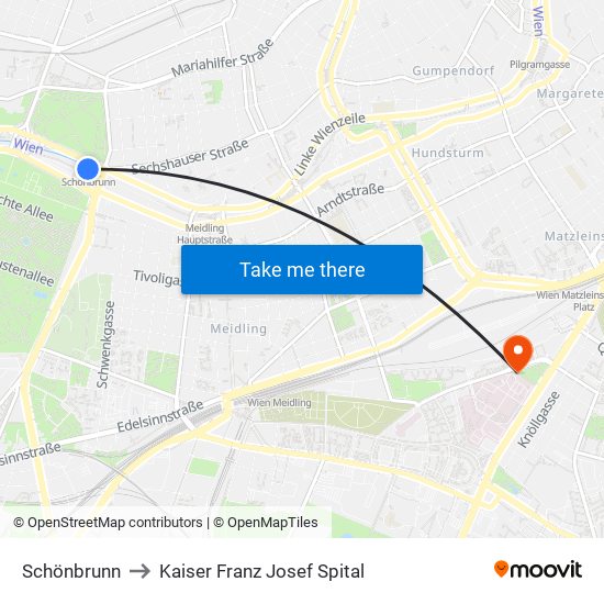 Schönbrunn to Kaiser Franz Josef Spital map