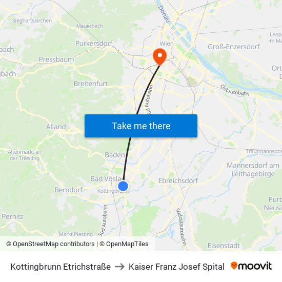 Kottingbrunn Etrichstraße to Kaiser Franz Josef Spital map