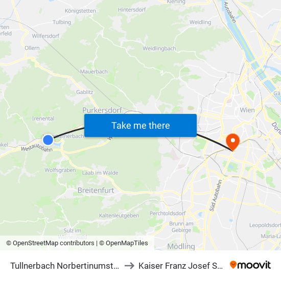 Tullnerbach Norbertinumstraße to Kaiser Franz Josef Spital map