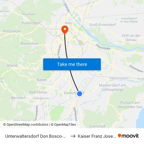 Unterwaltersdorf Don Bosco-Gymnasium to Kaiser Franz Josef Spital map