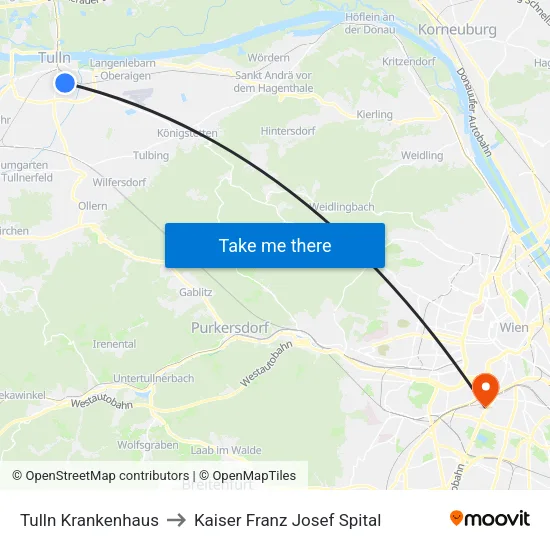 Tulln Krankenhaus to Kaiser Franz Josef Spital map
