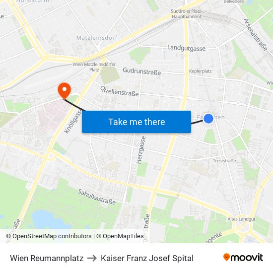 Wien Reumannplatz U to Kaiser Franz Josef Spital map