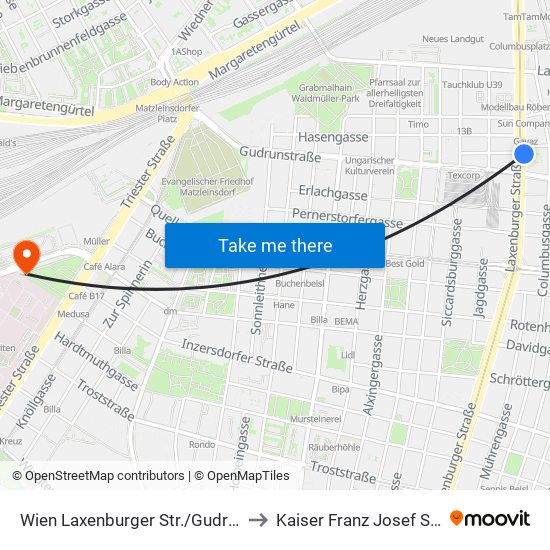 Wien Laxenburger Str./Gudrunstr. to Kaiser Franz Josef Spital map