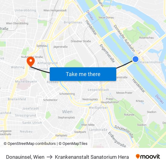 Donauinsel, Wien to Krankenanstalt Sanatorium Hera map