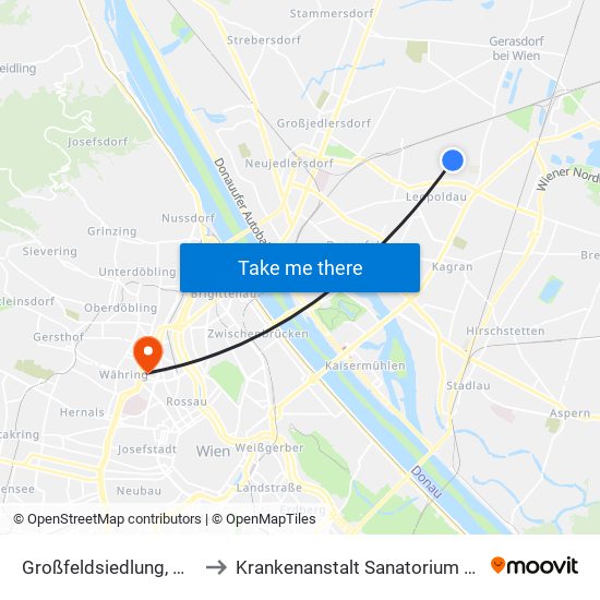 Großfeldsiedlung, Wien to Krankenanstalt Sanatorium Hera map