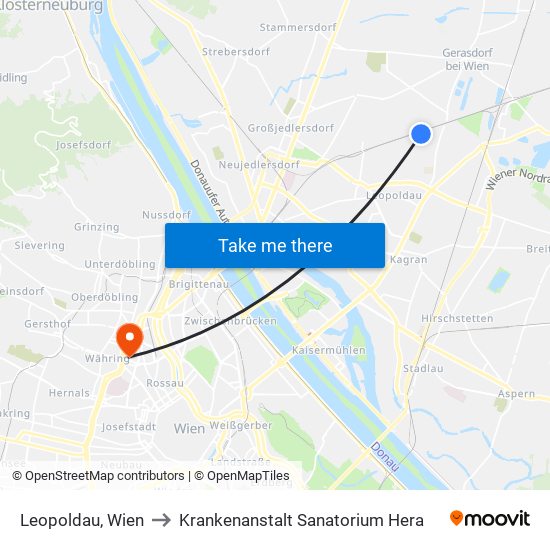 Leopoldau, Wien to Krankenanstalt Sanatorium Hera map