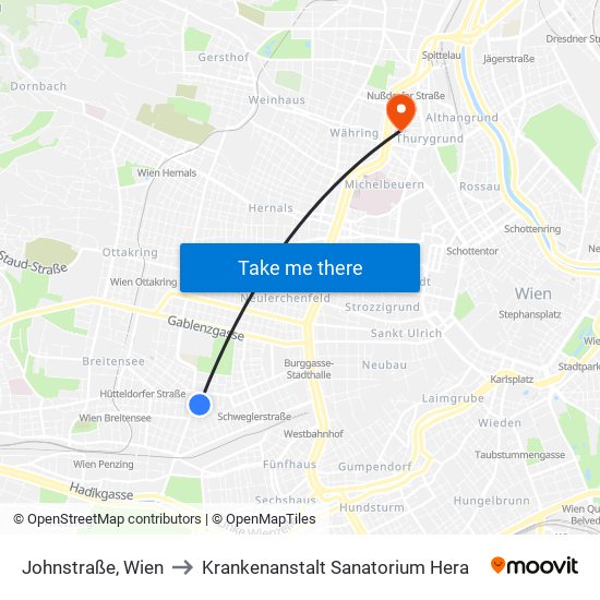 Johnstraße, Wien to Krankenanstalt Sanatorium Hera map