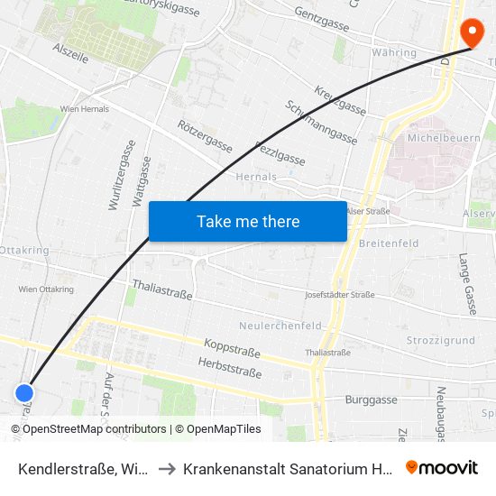 Kendlerstraße, Wien to Krankenanstalt Sanatorium Hera map