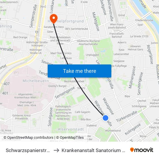 Schwarzspanierstraße to Krankenanstalt Sanatorium Hera map