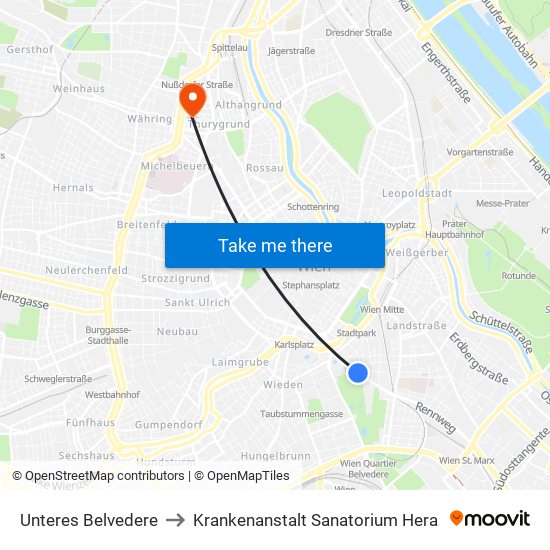 Unteres Belvedere to Krankenanstalt Sanatorium Hera map