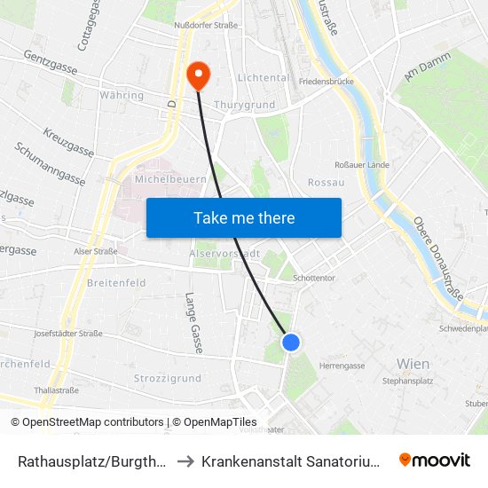 Rathausplatz/Burgtheater to Krankenanstalt Sanatorium Hera map