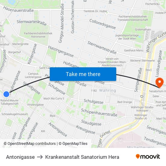 Antonigasse to Krankenanstalt Sanatorium Hera map