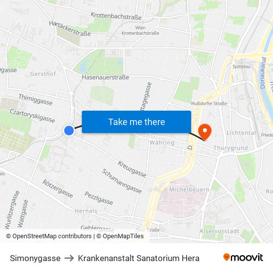 Simonygasse to Krankenanstalt Sanatorium Hera map