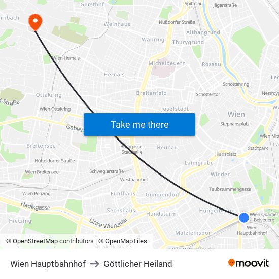 Wien Hauptbahnhof to Göttlicher Heiland map