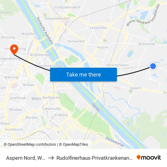 Aspern Nord, Wien to Rudolfinerhaus-Privatkrankenanstalt map