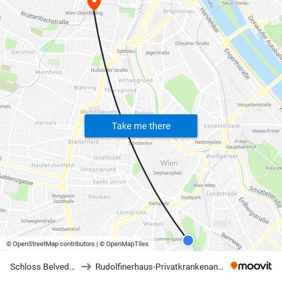 Schloss Belvedere to Rudolfinerhaus-Privatkrankenanstalt map