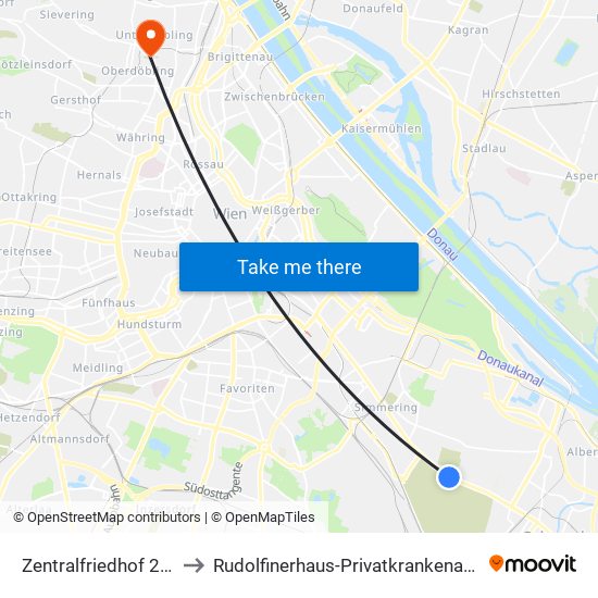 Zentralfriedhof 2.Tor to Rudolfinerhaus-Privatkrankenanstalt map