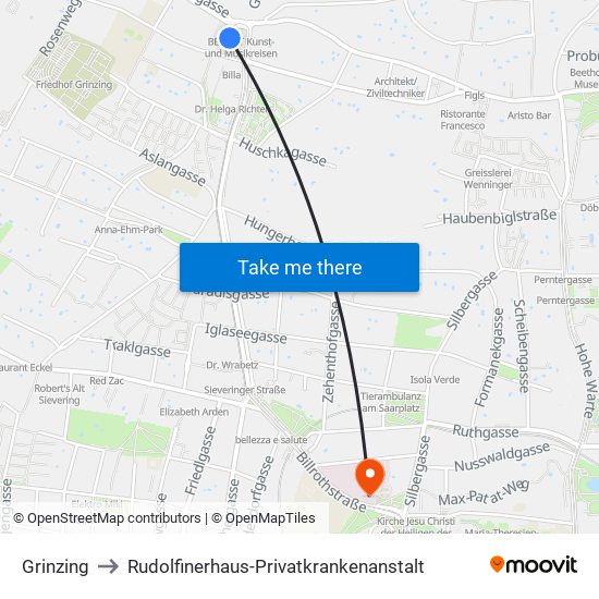 Grinzing to Rudolfinerhaus-Privatkrankenanstalt map