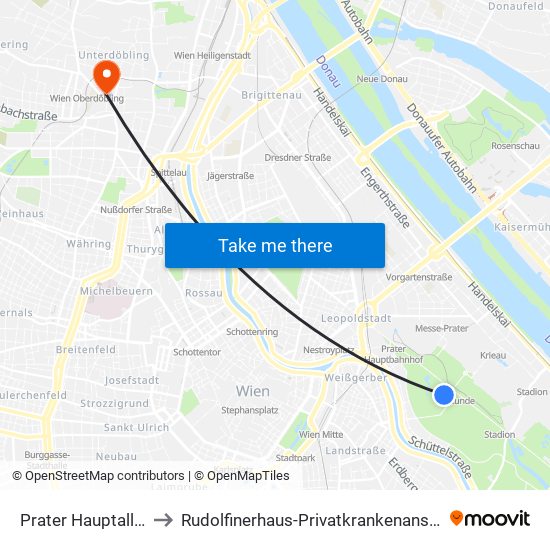 Prater Hauptallee to Rudolfinerhaus-Privatkrankenanstalt map
