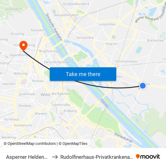 Asperner Heldenplatz to Rudolfinerhaus-Privatkrankenanstalt map