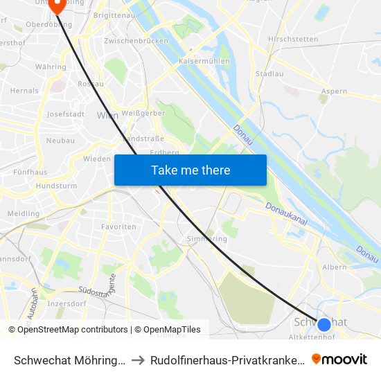 Schwechat Möhringgasse to Rudolfinerhaus-Privatkrankenanstalt map