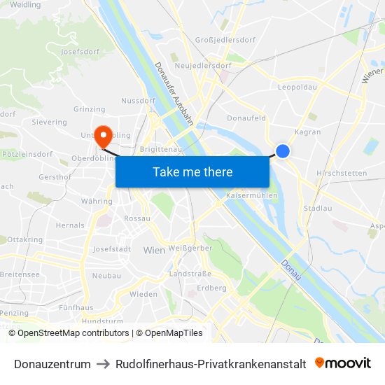 Donauzentrum to Rudolfinerhaus-Privatkrankenanstalt map