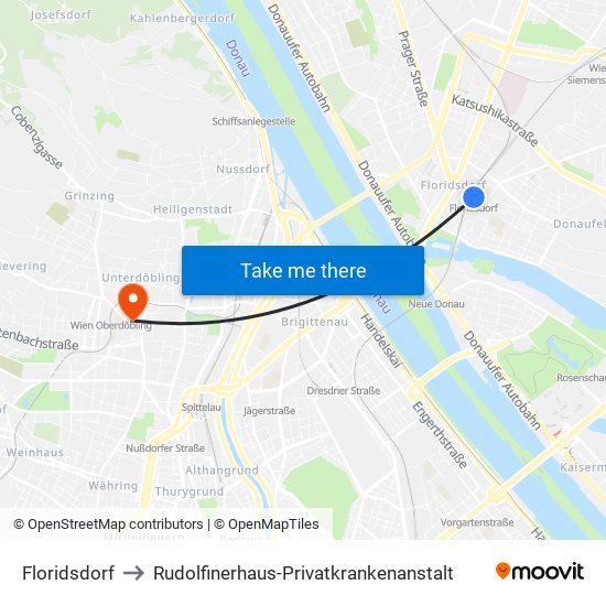 Floridsdorf to Rudolfinerhaus-Privatkrankenanstalt map