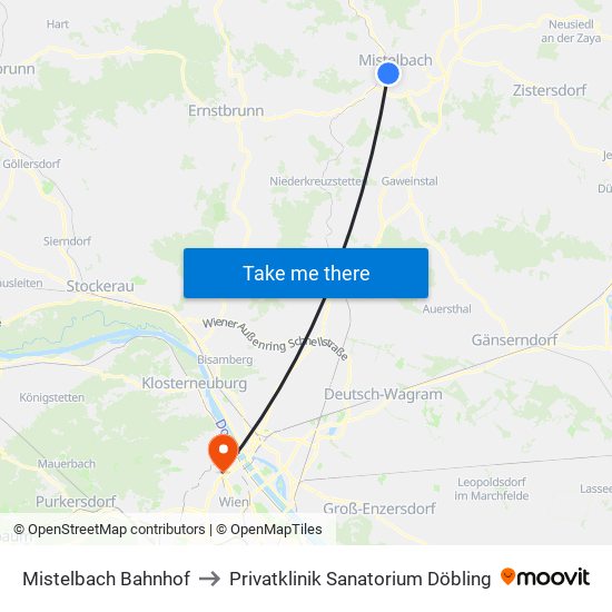 Mistelbach Bahnhof to Privatklinik Sanatorium Döbling map