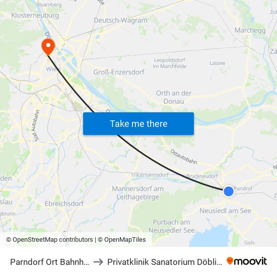 Parndorf Ort Bahnhof to Privatklinik Sanatorium Döbling map